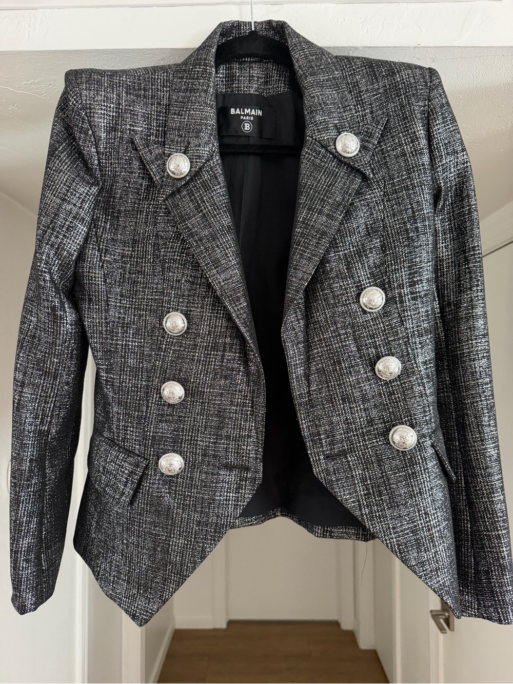 Authentic Metallic Balmain Women's Black & White Tweed Double-Breasted Blazer 36